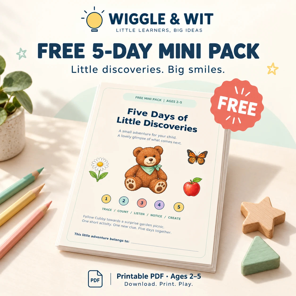 5 Days of Wiggle & Wit free printable learning adventure